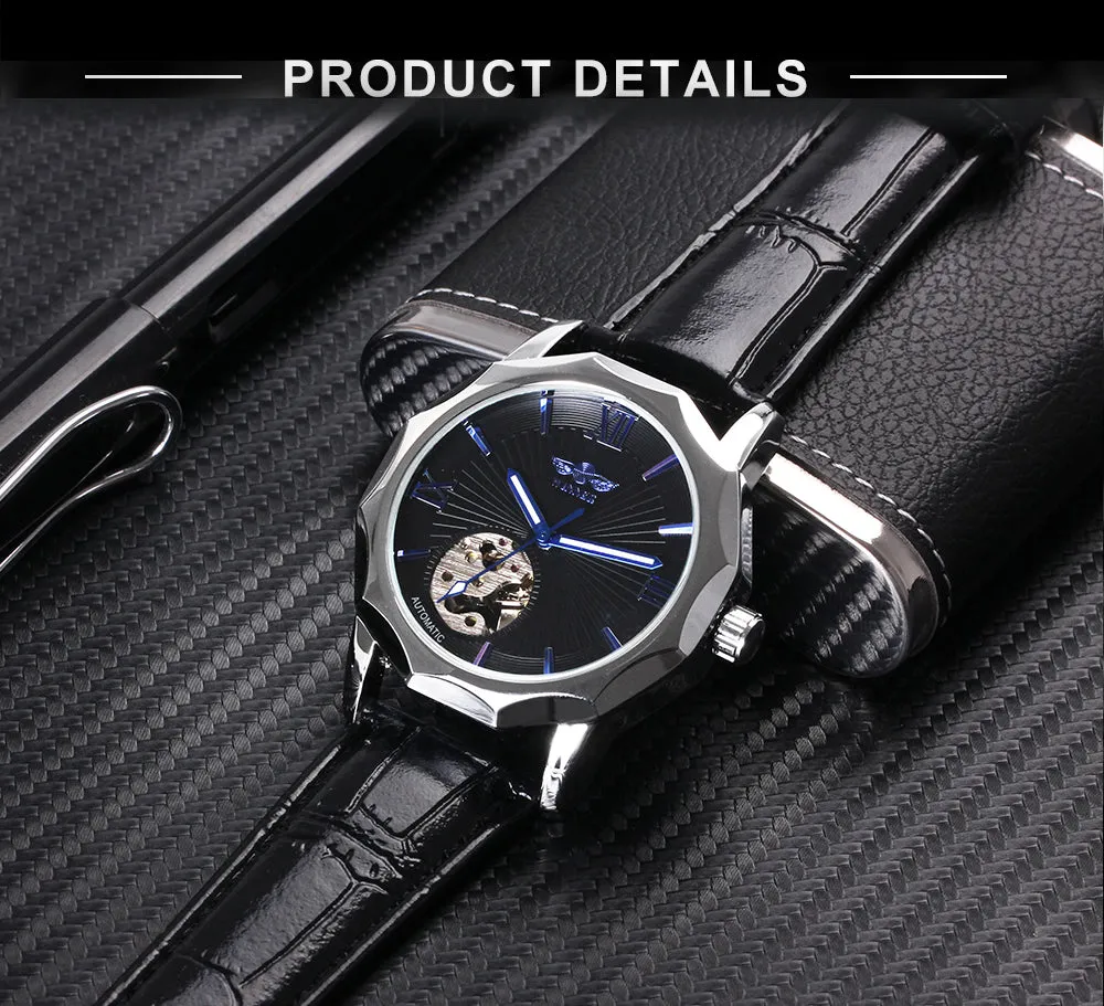 WINNER Fashion Irregular Skeleton Automatic Watch for Men Blue Luminous Hands Leather Strap Mechanical Watches