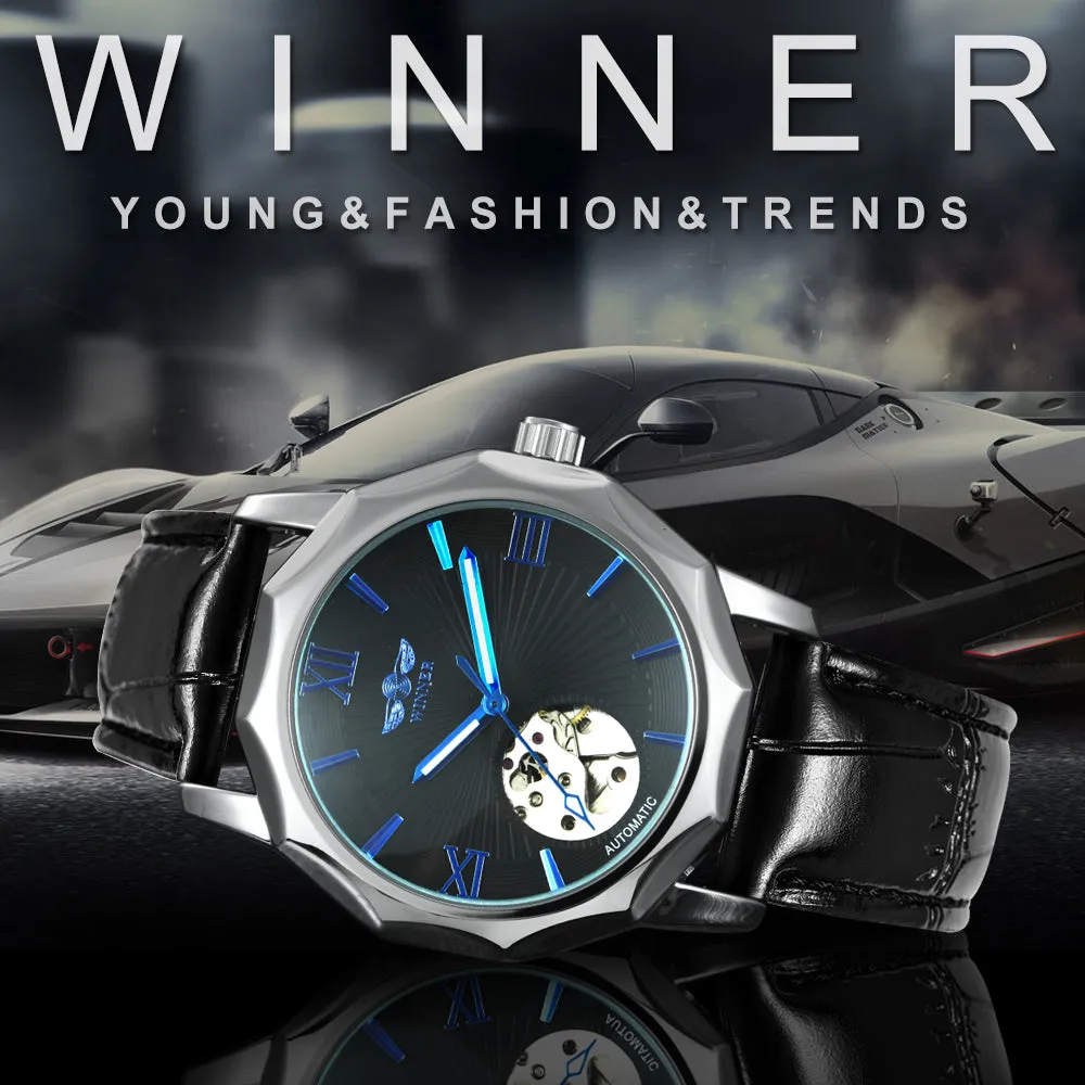 WINNER Fashion Irregular Skeleton Automatic Watch for Men Blue Luminous Hands Leather Strap Mechanical Watches