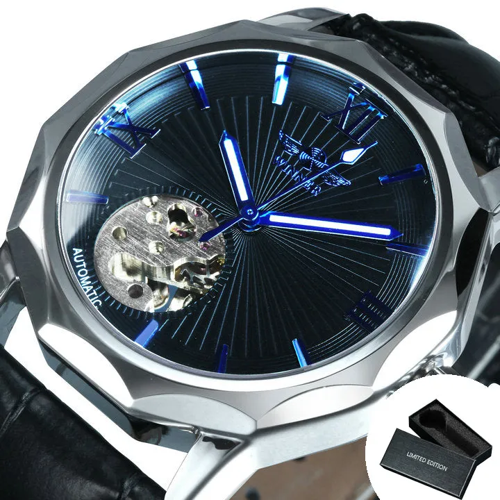 WINNER Fashion Irregular Skeleton Automatic Watch for Men Blue Luminous Hands Leather Strap Mechanical Watches