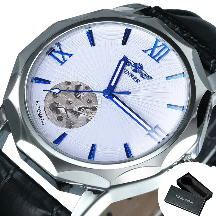 WINNER Fashion Irregular Skeleton Automatic Watch for Men Blue Luminous Hands Leather Strap Mechanical Watches