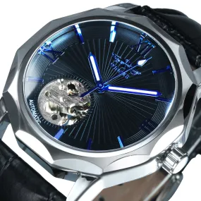 WINNER Fashion Irregular Skeleton Automatic Watch for Men Blue Luminous Hands Leather Strap Mechanical Watches