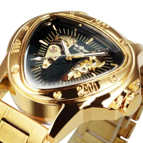 WINNER Gold Triangle Skeleton Automatic Mechanical Watch for Men Stainless Steel Strap Luminous Hands Luxury Watches