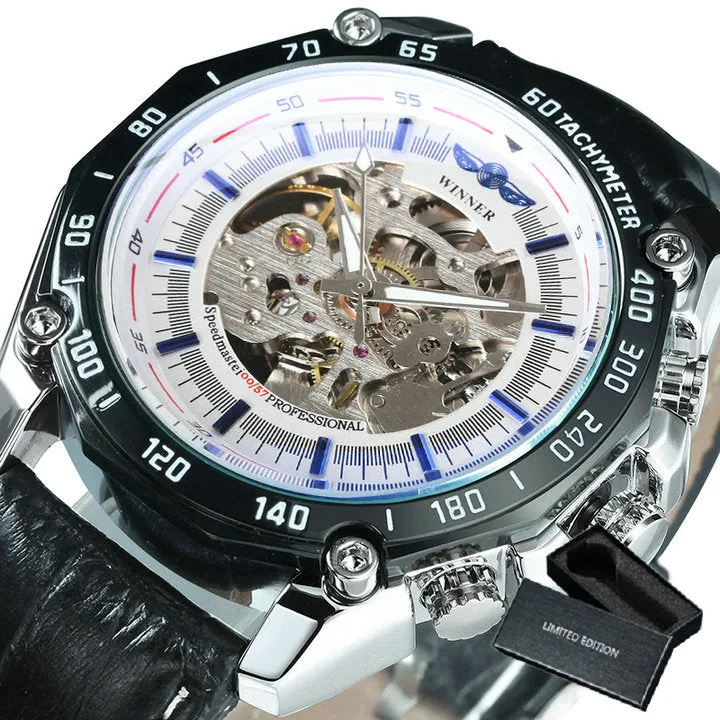 WINNER Steampunk Skeleton Military Automatic Mechanical Men Watch Luxury Leather Strap 477