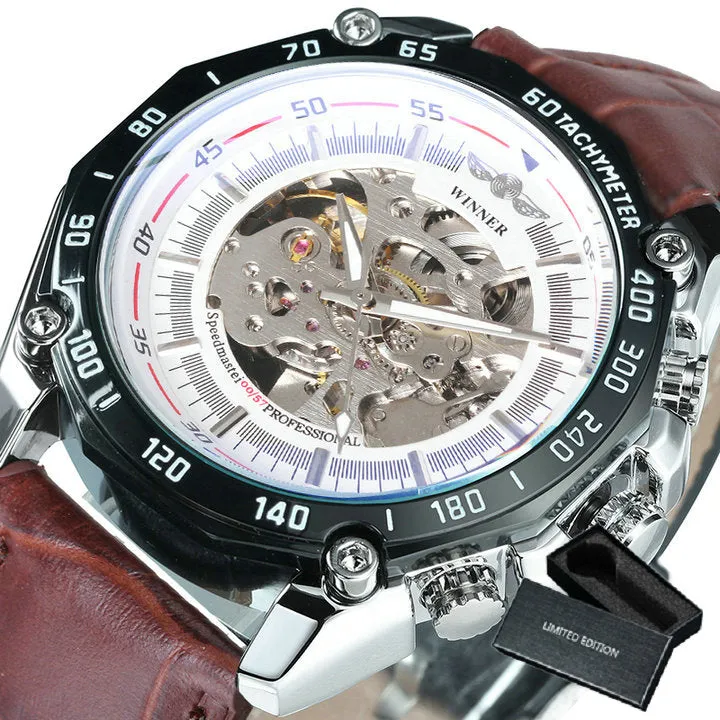 WINNER Steampunk Skeleton Military Automatic Mechanical Men Watch Luxury Leather Strap 477