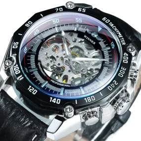 WINNER Steampunk Skeleton Military Automatic Mechanical Men Watch Luxury Leather Strap 477