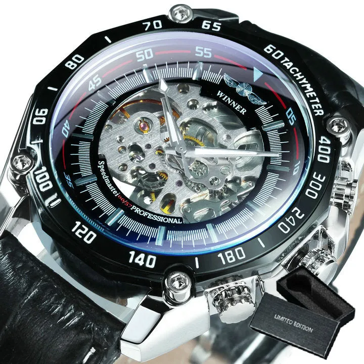 WINNER Steampunk Skeleton Military Automatic Mechanical Men Watch Luxury Leather Strap 477