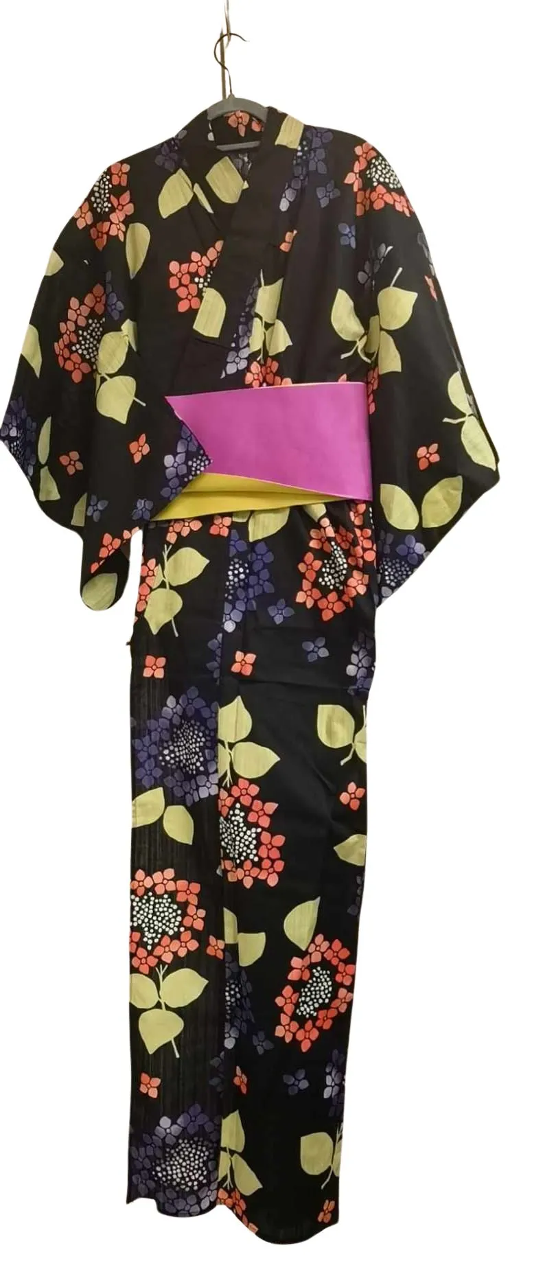 Women's Yukata - Black with purple and pink hydrangea print