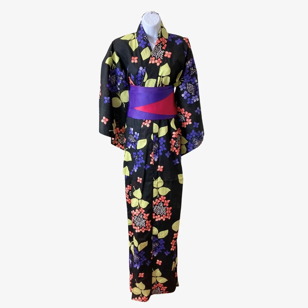 Women's Yukata - Black with purple and pink hydrangea print