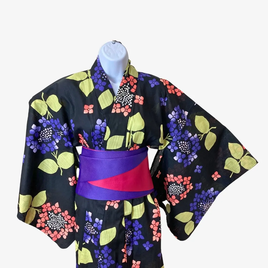 Women's Yukata - Black with purple and pink hydrangea print