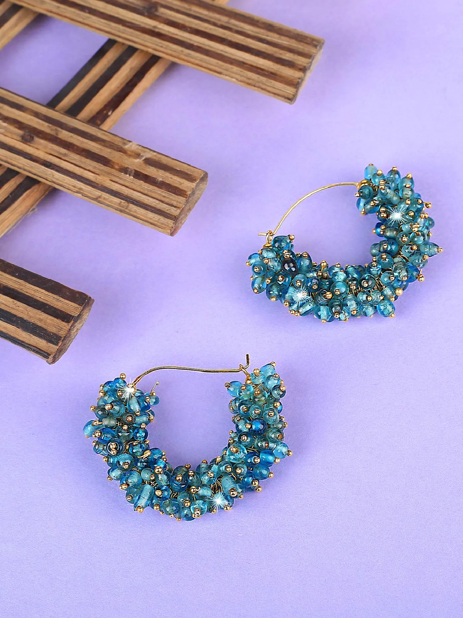 Yellow Chimes Blue Beads Traditional Hoops Earrings for Women and Girls