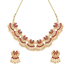 Yellow Chimes Ethnic Handcrafted Red Beads Floral Kundan Jewellery Set Gold Plated Traditional Choker Necklace Set for Women and Girls