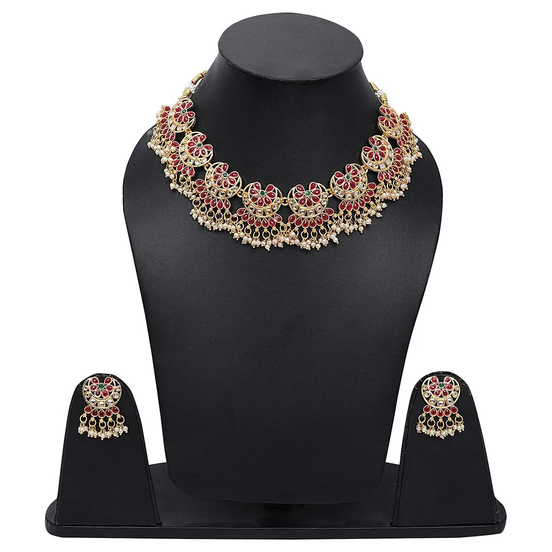 Yellow Chimes Ethnic Handcrafted Red Beads Floral Kundan Jewellery Set Gold Plated Traditional Choker Necklace Set for Women and Girls