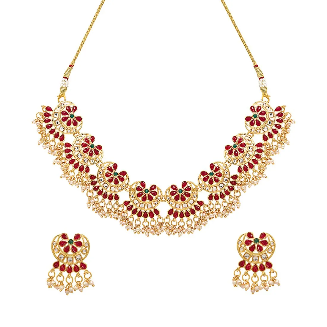 Yellow Chimes Ethnic Handcrafted Red Beads Floral Kundan Jewellery Set Gold Plated Traditional Choker Necklace Set for Women and Girls