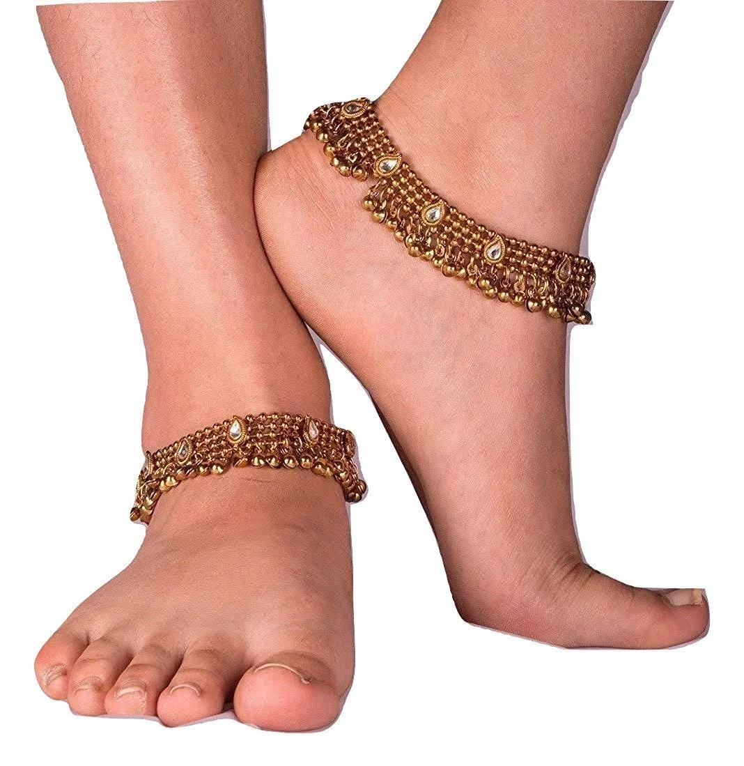 Yellow Chimes Exquisite Studded Golden Oxidized Traditional Kundan Payal Anklets for Women and Girls