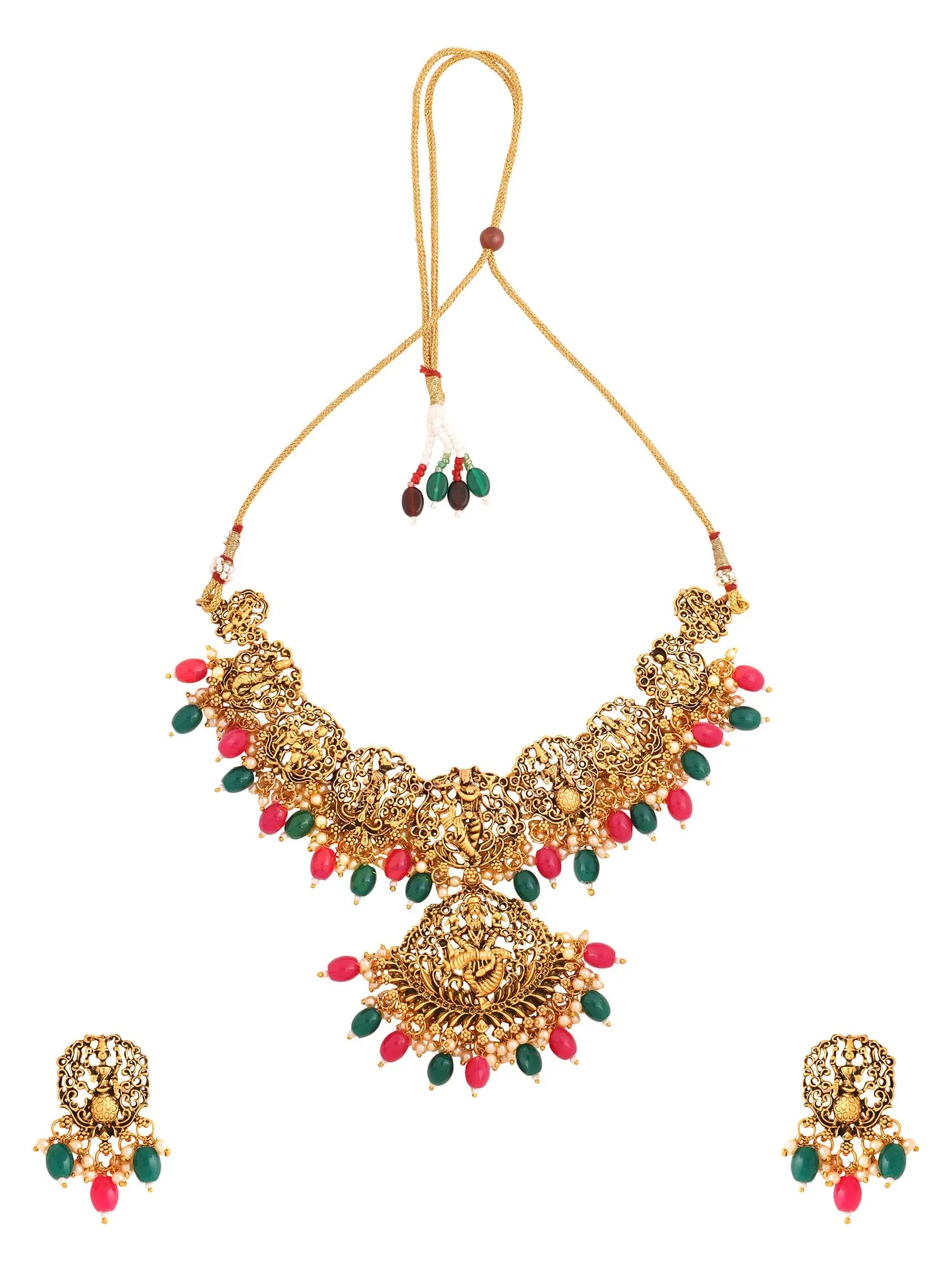 Yellow Chimes Jewellery Set for Women Gold Plated Traditional Temple Jewelry Set Antique Necklace Set with Earrings and Maangtikka for Women and Girls (JS 18)