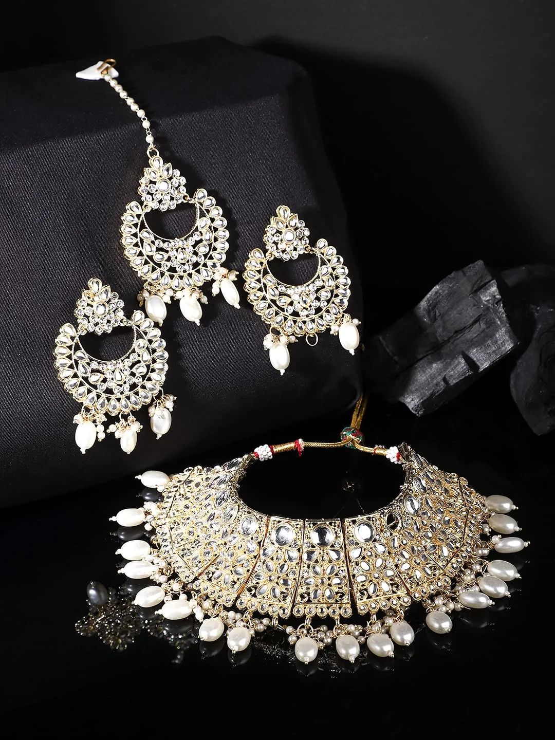 Yellow Chimes Jewellery Set for Women Kundan Studded Trditional White Beads Drop Broad Choker Necklace Set with Earrings for Women and Girls