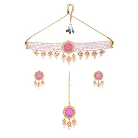 Yellow Chimes Jewellery Set for Women Traditional Pink Beads Choker Necklace Set Mirror Worked Gold Plated Choker Set for Girls Birthday Gift for Girls & Women Anniversary Gift for Wife